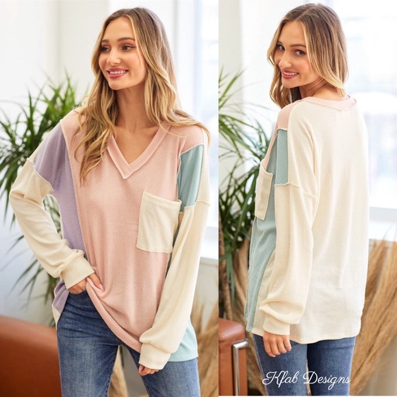 LAST 1! V Neck Pastel Palette Textured Soft Hacci Color Block Top! - Picture 7 of 9
